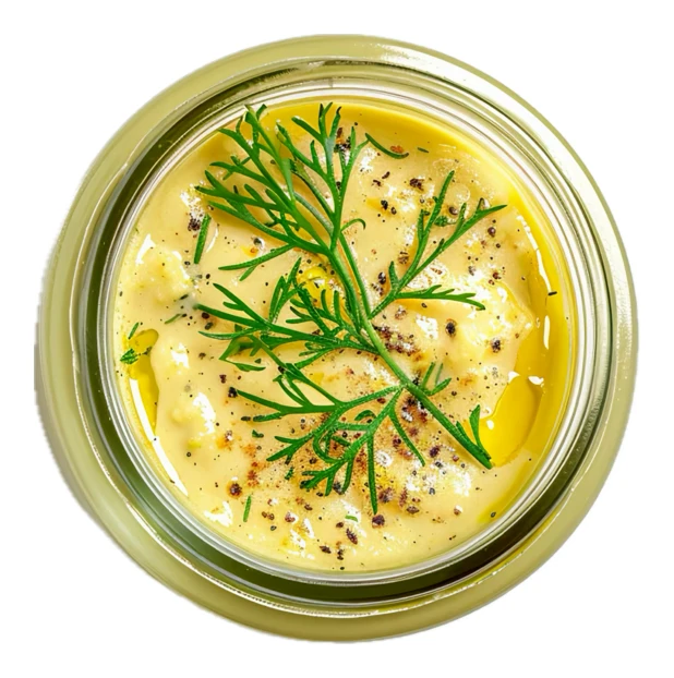 Creamy yellow sauce with fresh dill in glass jar
