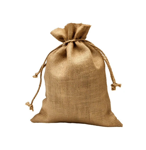Small burlap drawstring bag isolated on white background