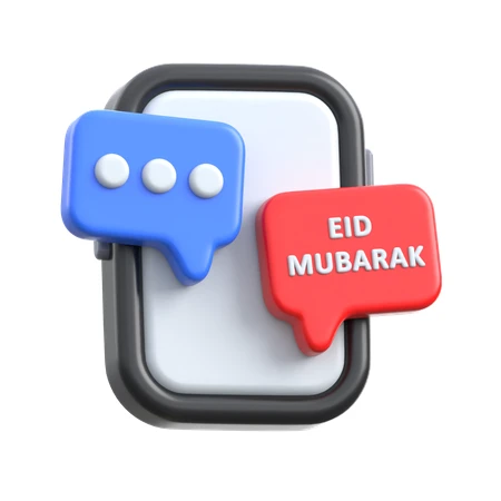 3D smartphone with Eid Mubarak message in speech bubbles