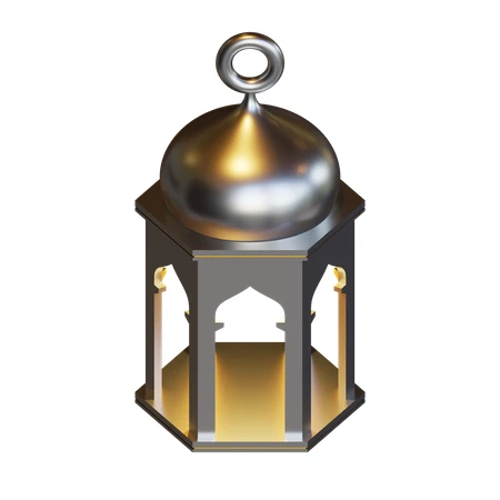3D metallic silver Islamic lantern icon isolated on white