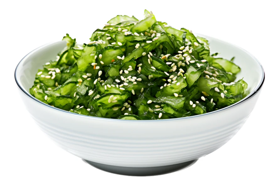 Japanese cucumber salad with sesame seeds in a white bowl