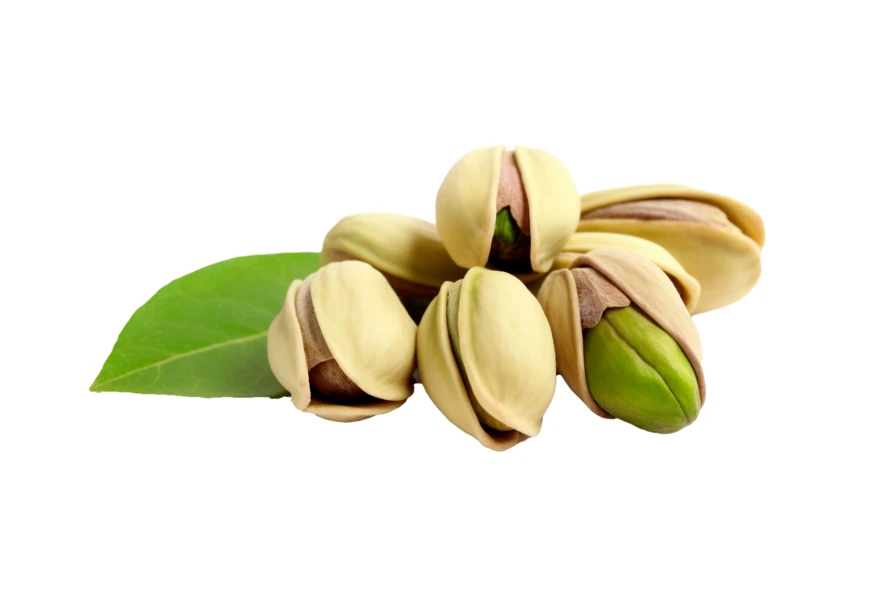 Roasted salted pistachio nuts with leaf isolated on white