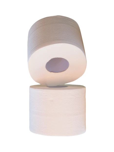 Two white toilet paper rolls stacked on white background