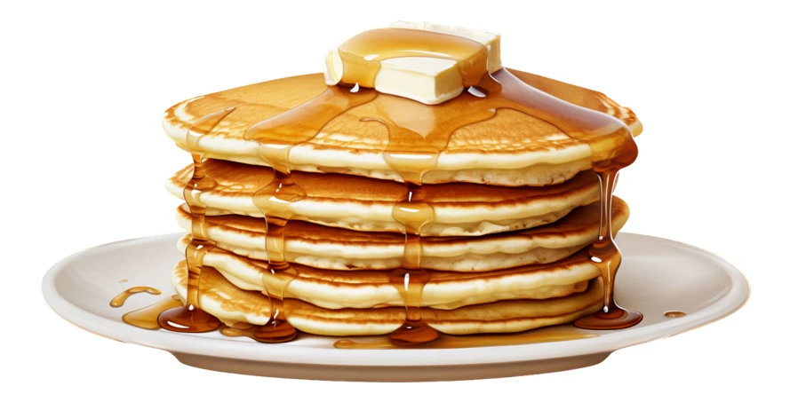 Stack of fluffy pancakes with melting butter and syrup