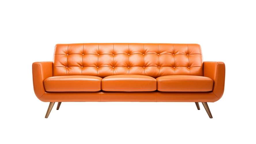 Orange mid-century modern leather tufted sofa on white background