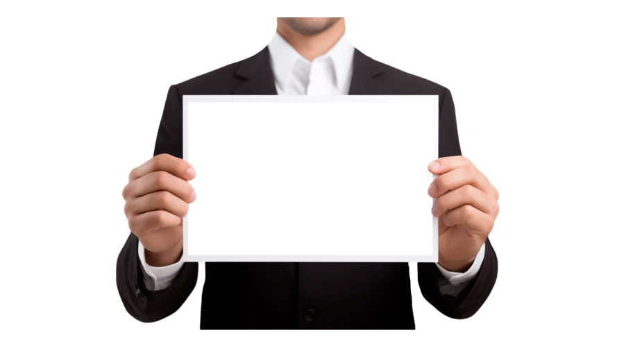 Businessman in suit holding a blank white sign