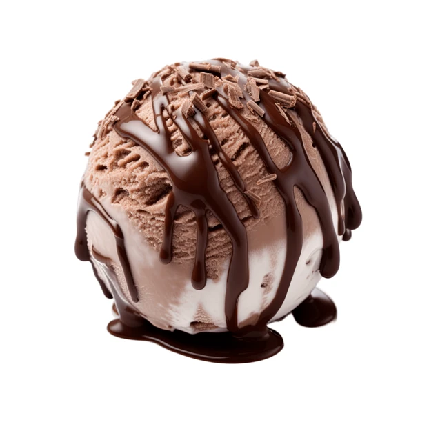 Chocolate ice cream scoop with chocolate sauce and shavings