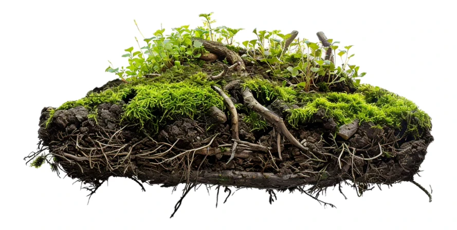 Soil section with green moss and roots on white background