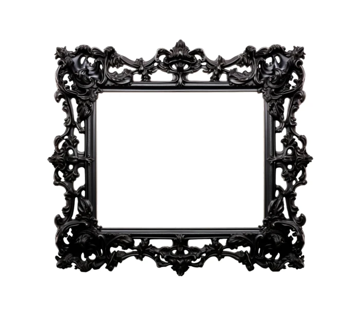 Ornate black baroque style frame isolated on white background