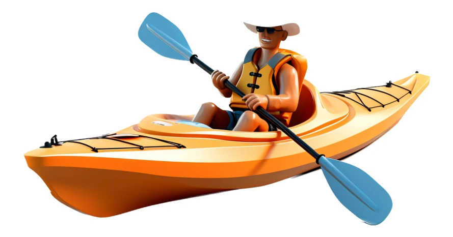 3D character paddling an orange kayak on white background