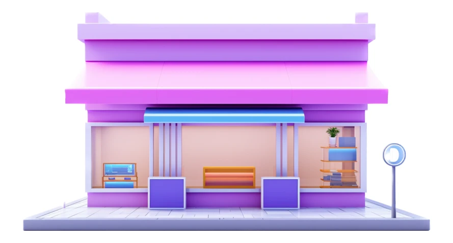 3D rendered purple and pink storefront icon isolated on white