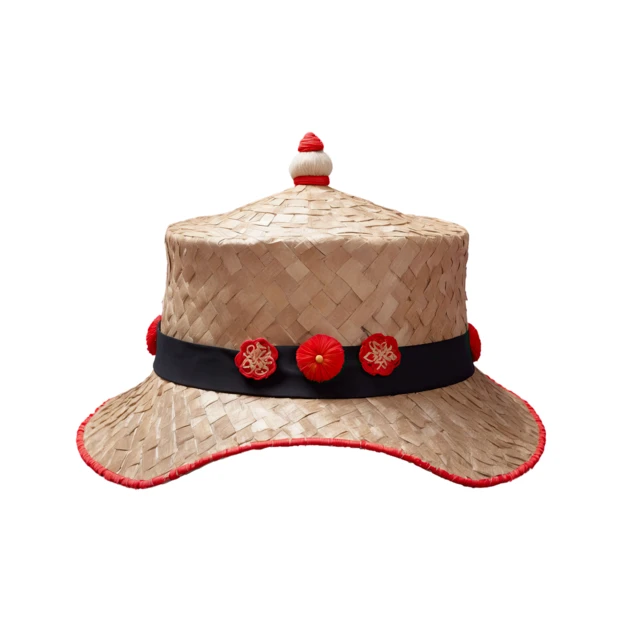 Traditional woven straw hat with red accents on white background