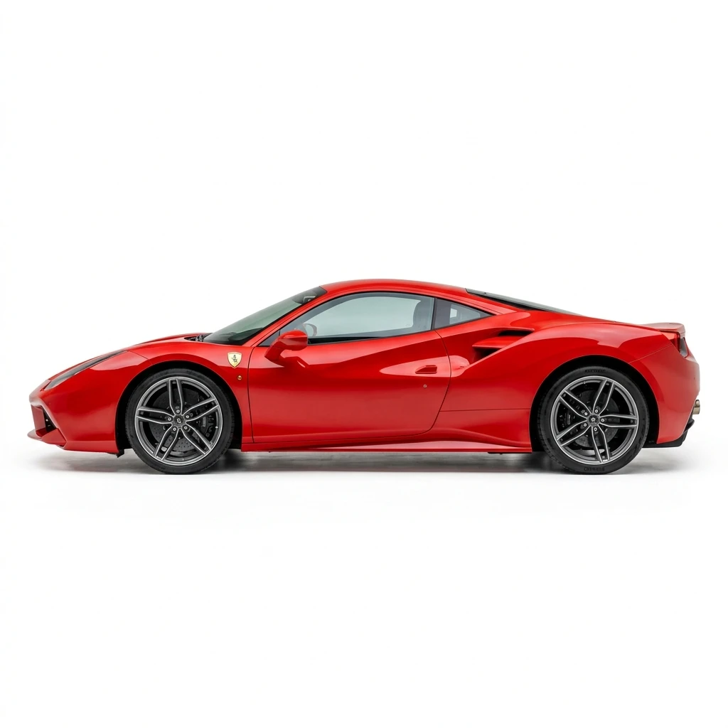 Side profile of a red Ferrari 488 GTB supercar
