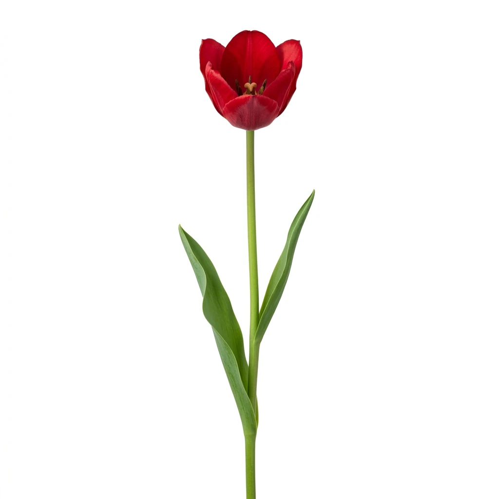 Single red tulip flower isolated on white background