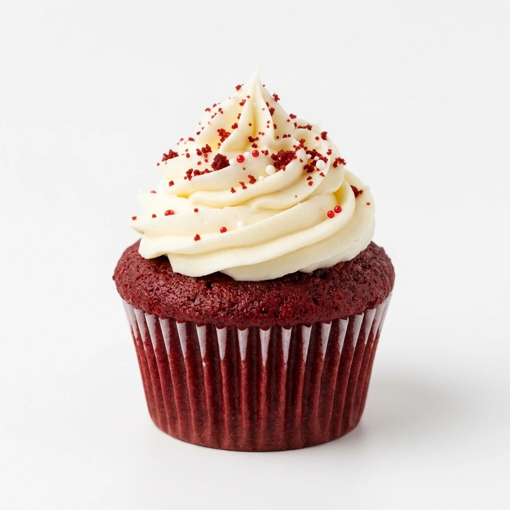 Red velvet cupcake with cream cheese frosting on white background