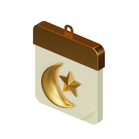 3D Islamic calendar icon with gold crescent moon and star