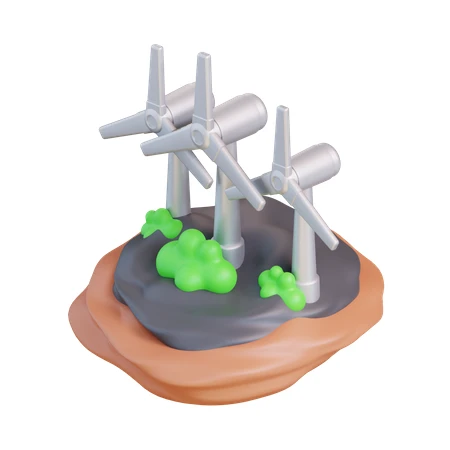 3D illustration of stylized wind turbines on renewable energy land
