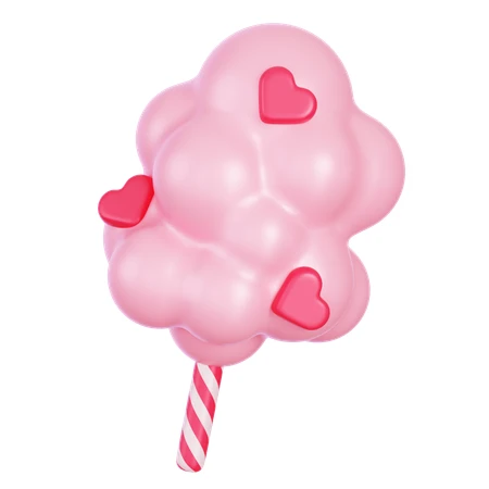 3D illustration of pink cotton candy with red hearts
