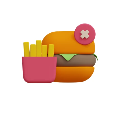 3D illustration of hamburger and fries with cross mark symbol