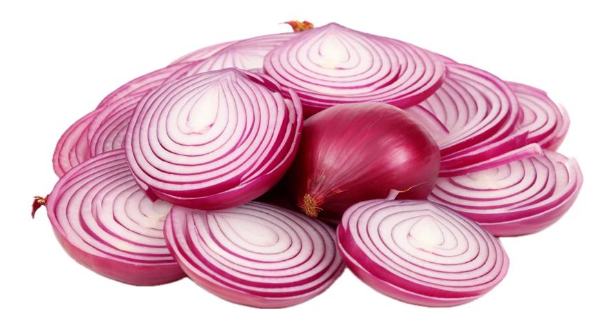 Sliced red onions isolated on white background
