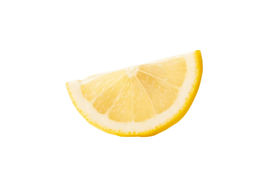 Fresh lemon wedge isolated on white background