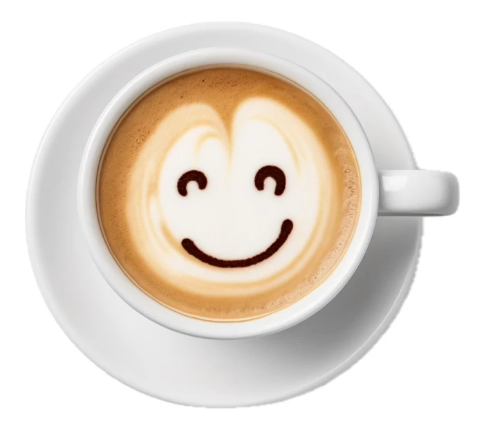 Cappuccino cup with smiley face latte art on white background