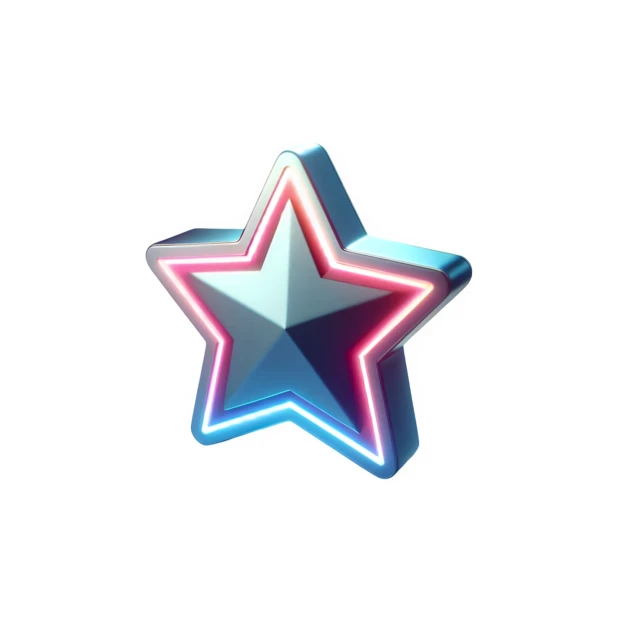 Futuristic 3D metallic star with neon glowing pink and blue