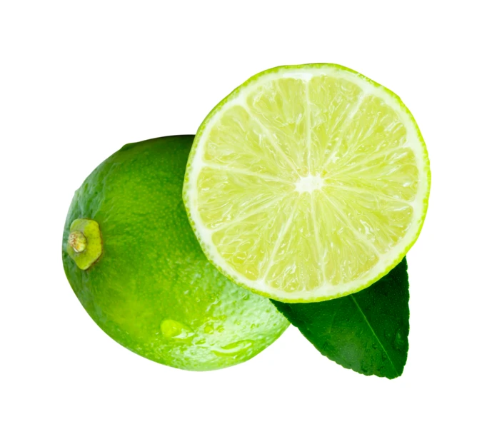 Fresh whole and sliced lime with leaf on white background