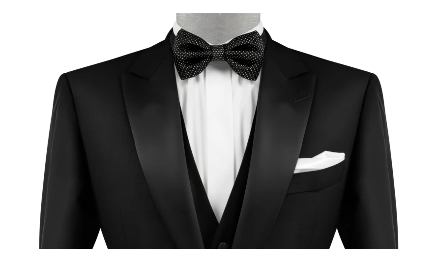 Black tuxedo with polka dot bow tie and pocket square
