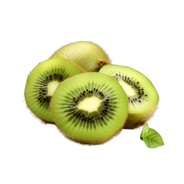 Fresh kiwi fruit slices and whole kiwi on white background