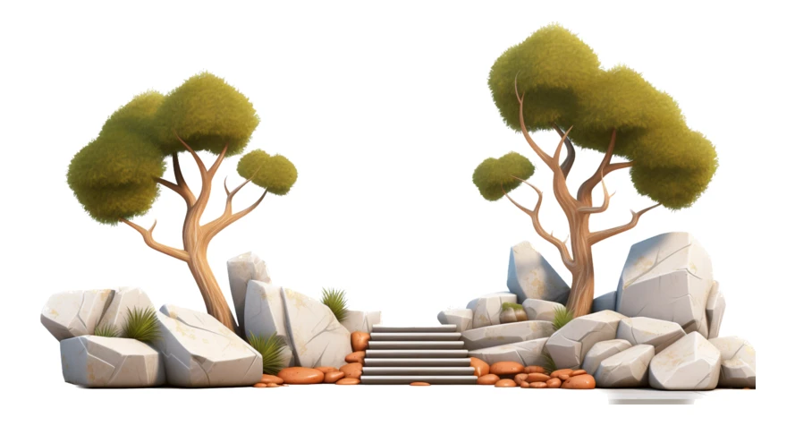 Stylized landscape with white rocks, stone stairs, and trees