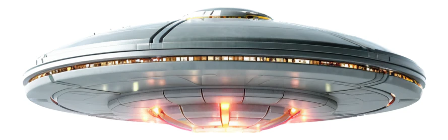 Futuristic metallic UFO spacecraft isolated on white background