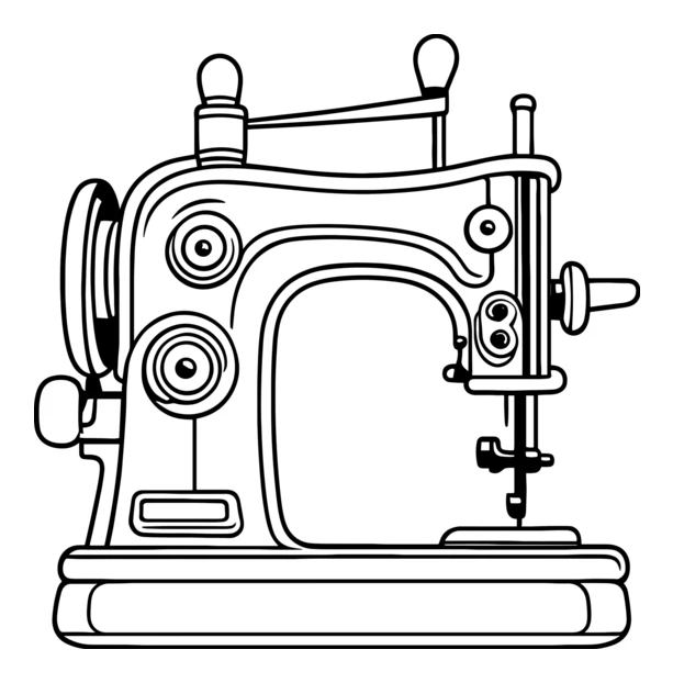 Vintage sewing machine line art illustration on white background