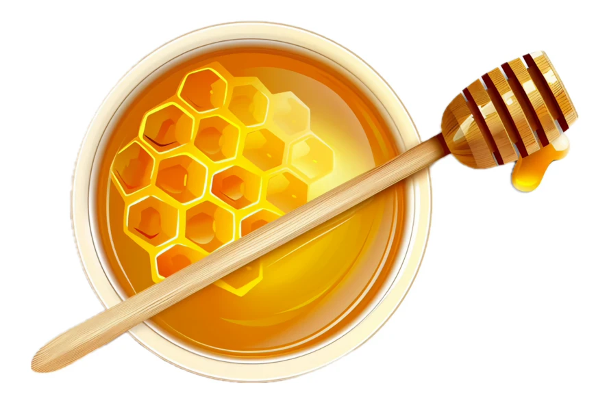 Honey in a bowl with honeycomb and wooden dipper