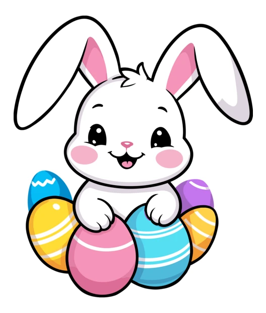 Cute cartoon Easter bunny with colorful decorated eggs