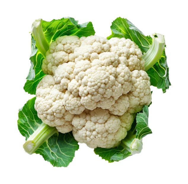 Fresh whole cauliflower with green leaves on white background