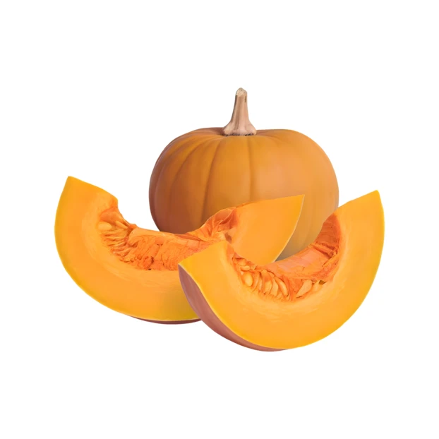 Whole orange pumpkin and slices isolated on white background