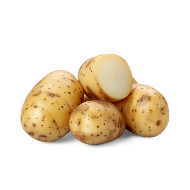 Fresh raw potatoes with one sliced half isolated on white