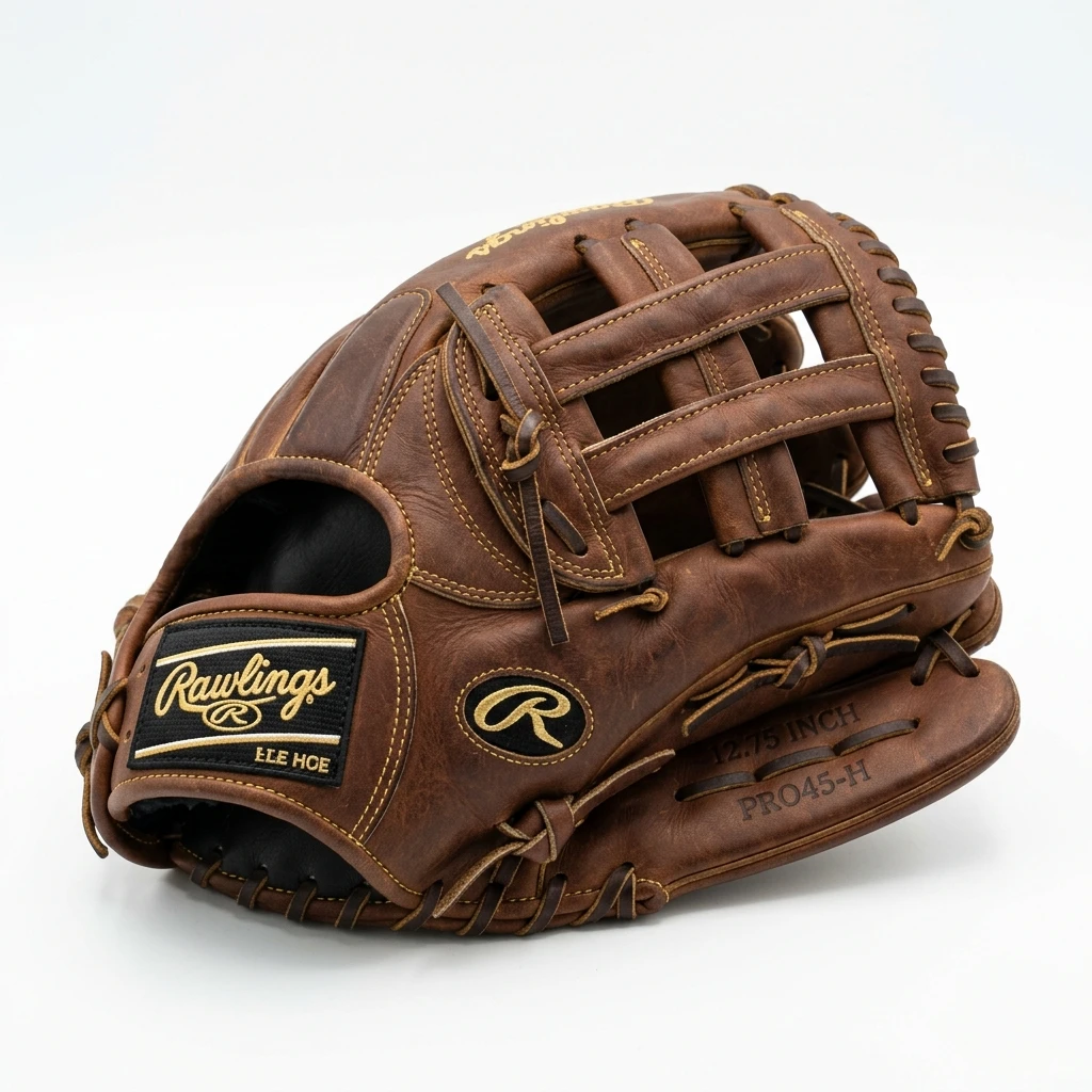 Professional brown leather baseball glove on white background