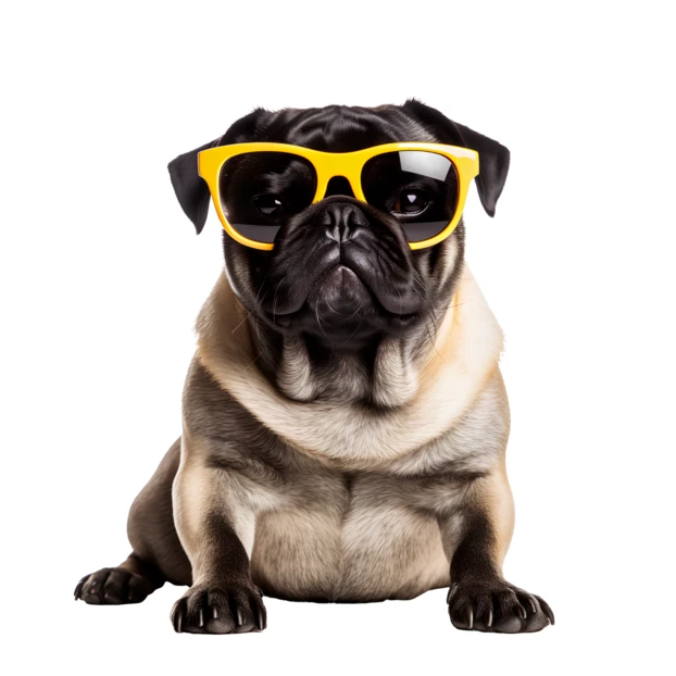 Funny pug dog wearing yellow sunglasses on white background