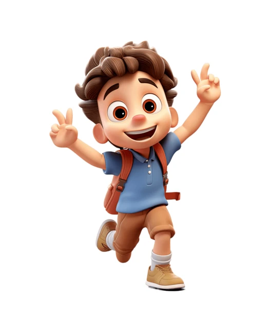 3D cartoon boy with backpack running and making peace signs