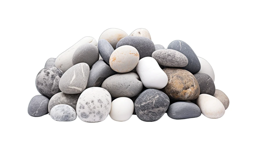 Pile of smooth river stones on white background