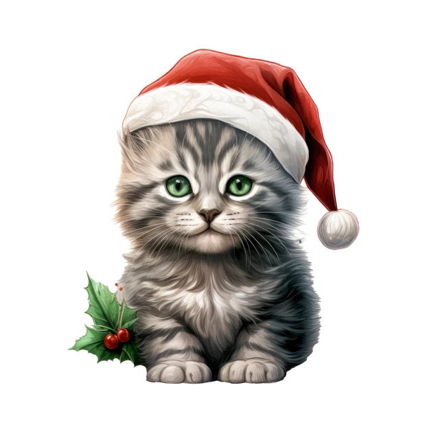Adorable grey tabby kitten wearing Santa hat isolated on white
