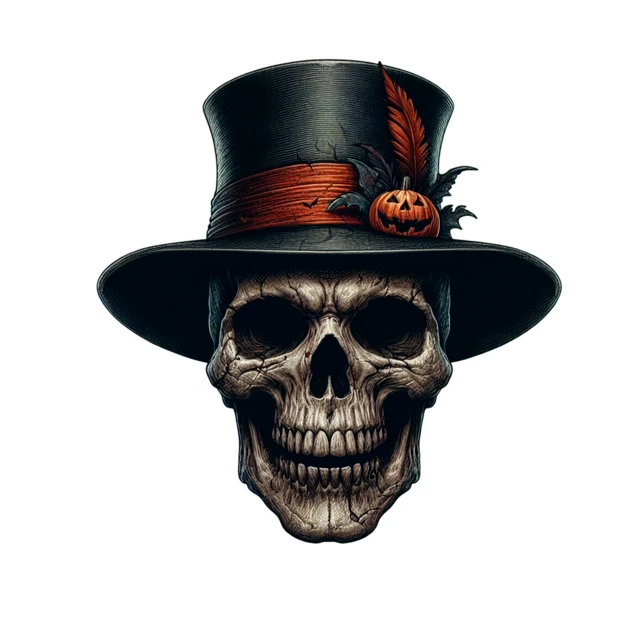 Spooky human skull wearing a black top hat with pumpkin