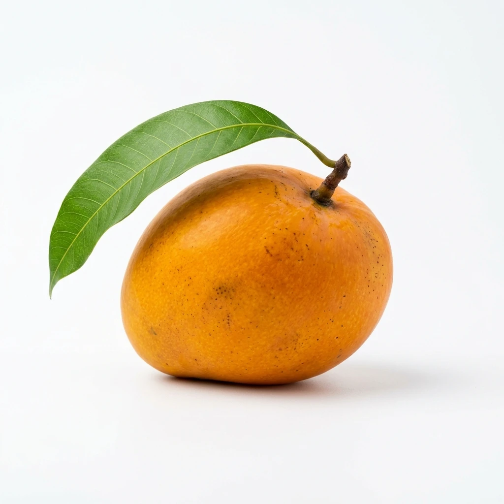 Single ripe yellow mango with leaf on white background