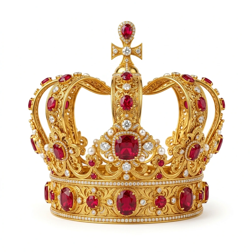 Ornate gold royal crown with rubies on white background