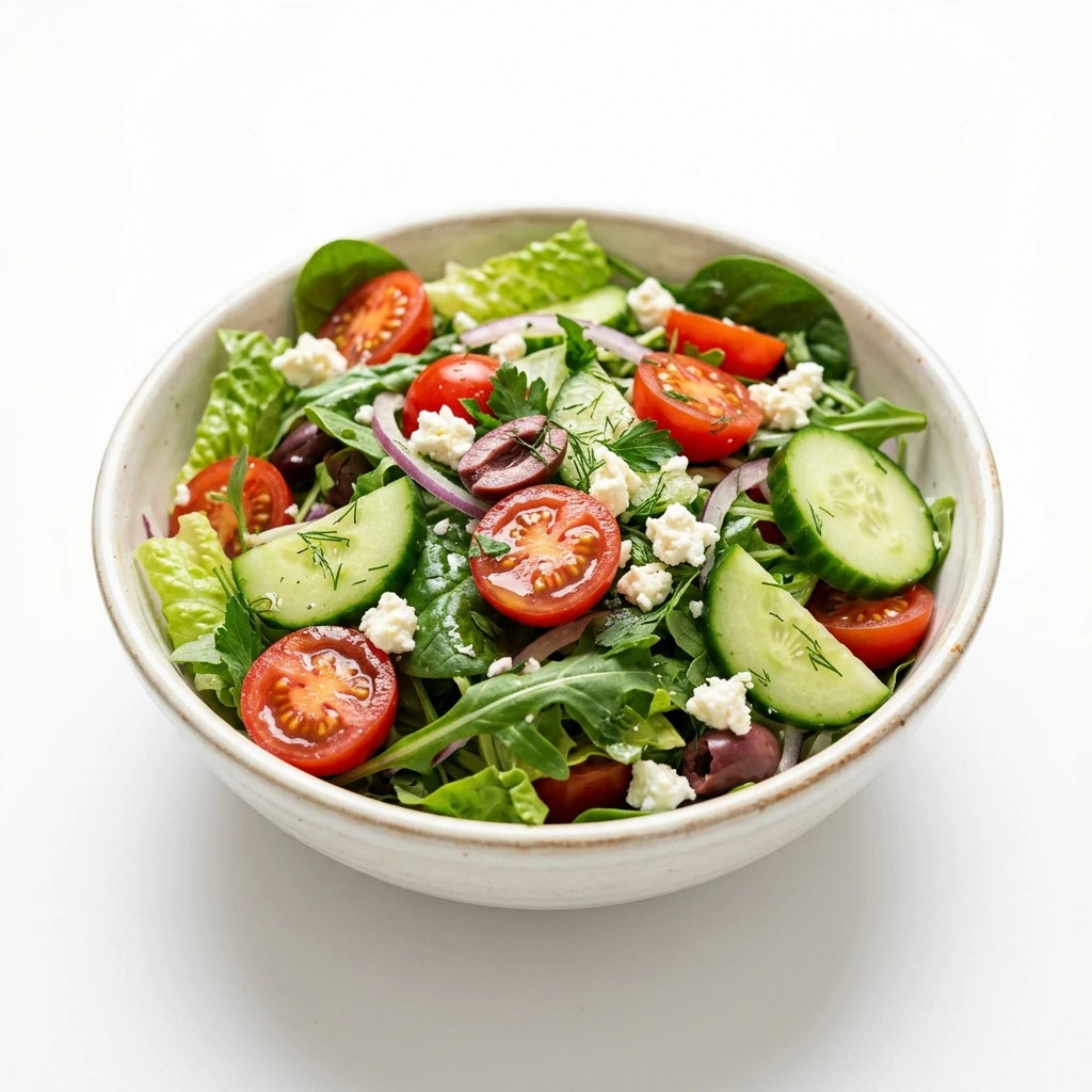 Fresh Greek salad with tomatoes, cucumbers, and feta cheese