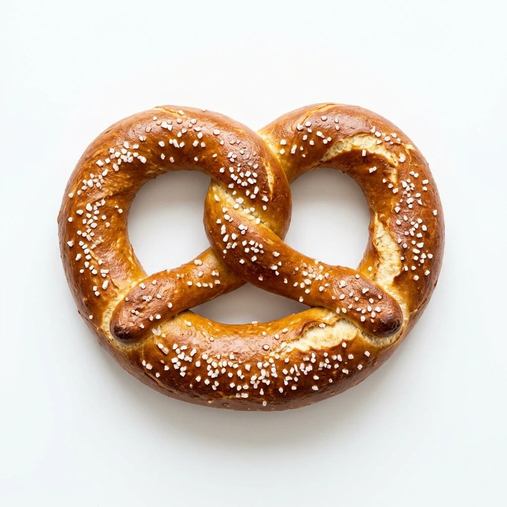 Freshly baked soft pretzel with sea salt on white