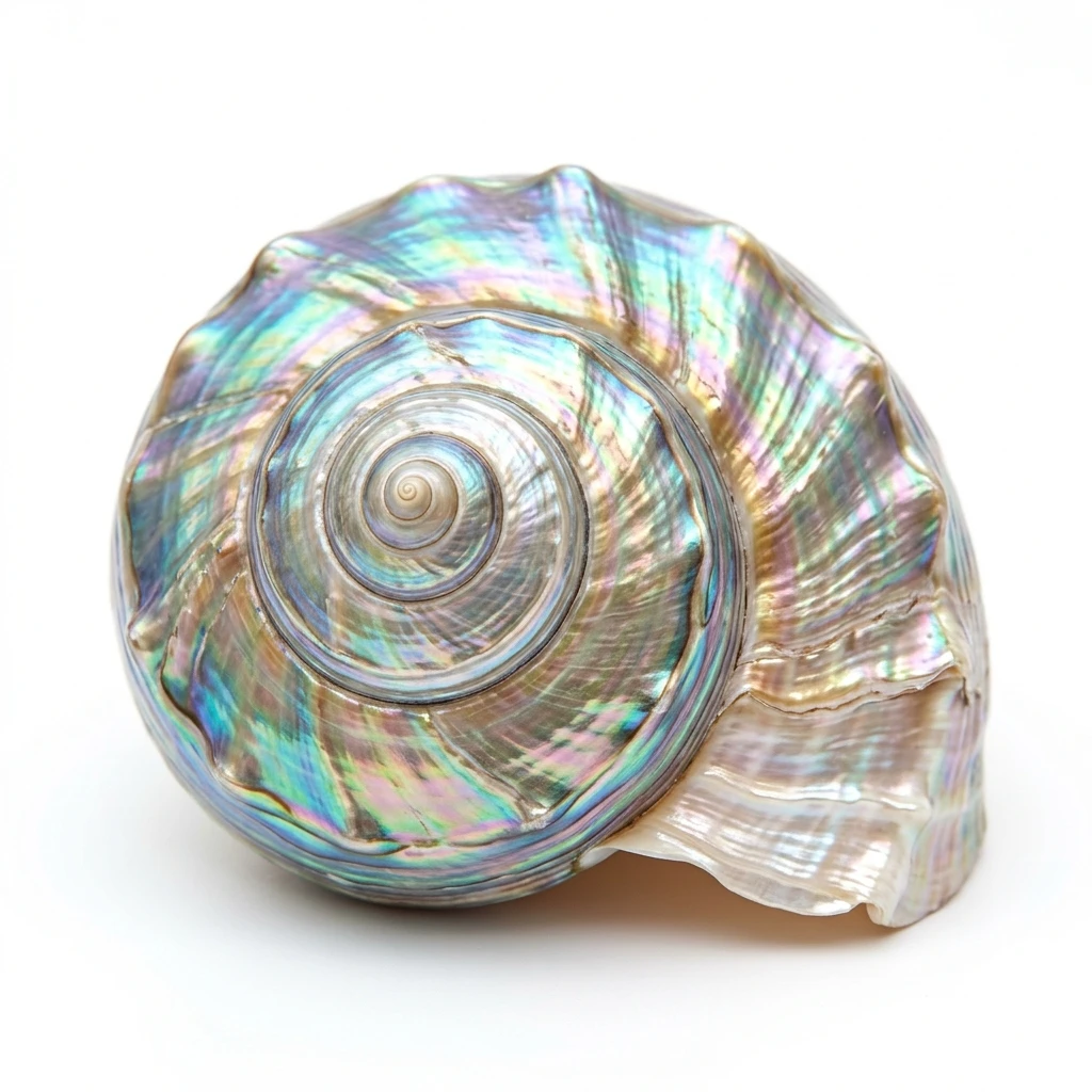 Polished iridescent pearl turbo seashell isolated on white