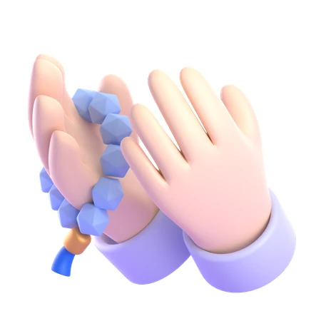 3D illustration of hands praying with blue tasbih beads